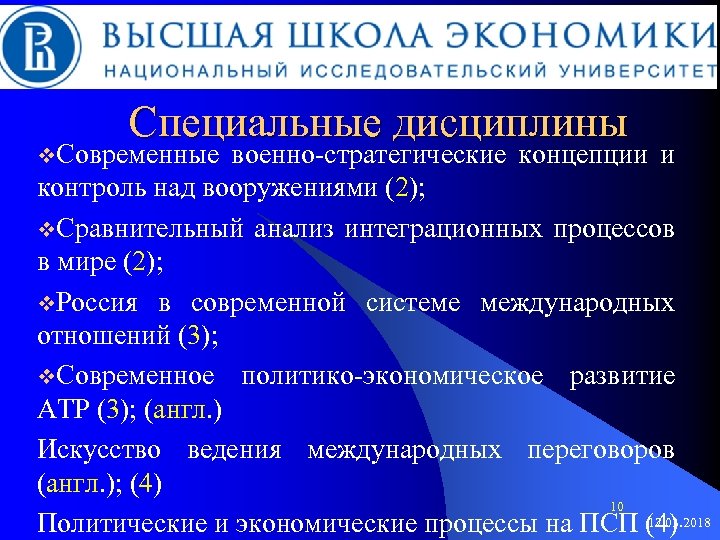Специальные дисциплины v. Современные военно-стратегические концепции и контроль над вооружениями (2); v. Сравнительный анализ
