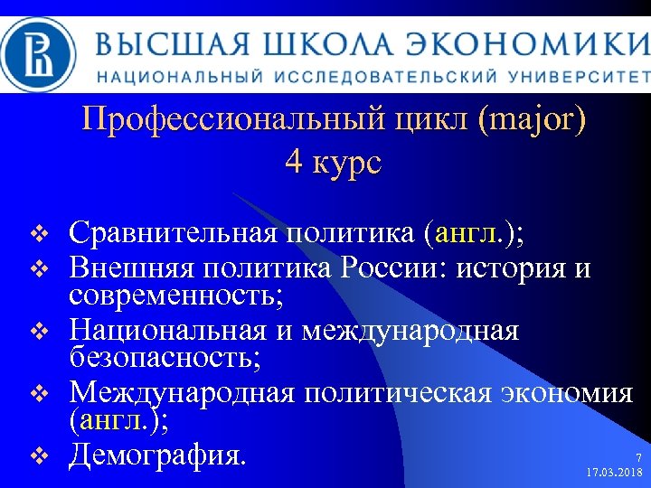 Профессиональный цикл (major) 4 курс v v v Сравнительная политика (англ. ); Внешняя политика