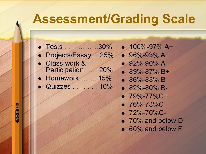 Assessment/Grading Scale l l l Tests. . . ………. 30% Projects/Essay…. 25% Class work