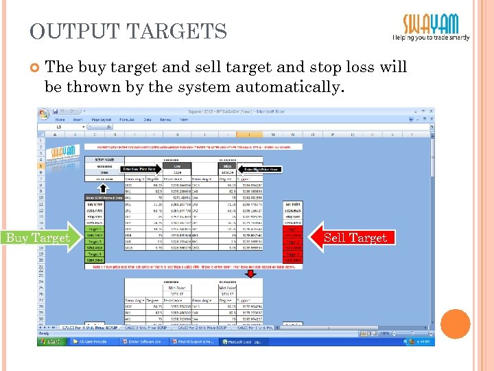 OUTPUT TARGETS The buy target and sell target and stop loss will be thrown