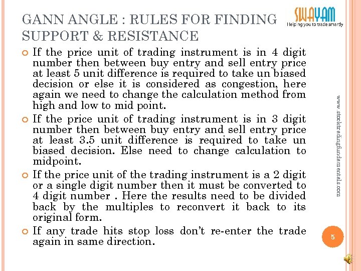 GANN ANGLE : RULES FOR FINDING SUPPORT & RESISTANCE www. stocktradingfundamentals. com If the