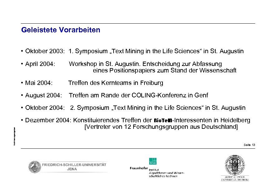 Geleistete Vorarbeiten • Oktober 2003: 1. Symposium „Text Mining in the Life Sciences“ in