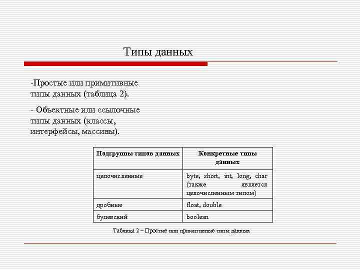 Типы данных -Простые или примитивные типы данных (таблица 2). - Объектные или ссылочные типы