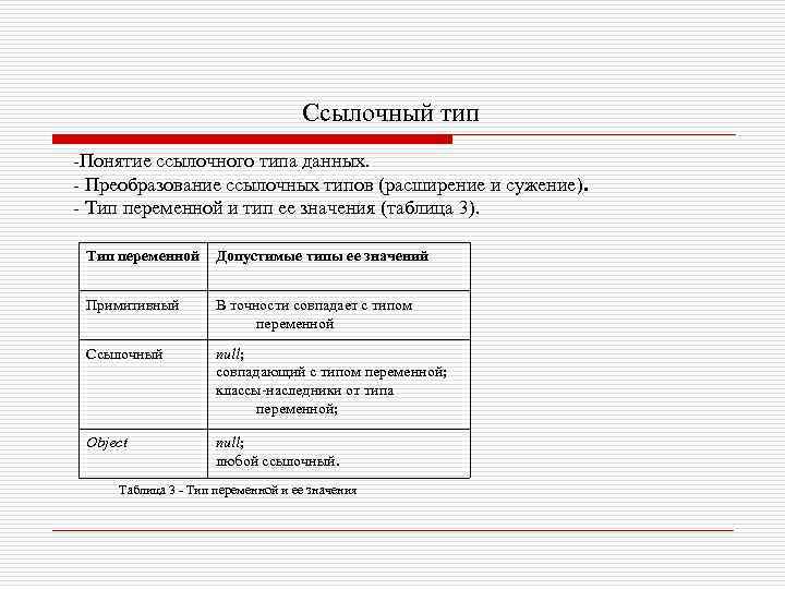 Ссылочный тип -Понятие ссылочного типа данных. - Преобразование ссылочных типов (расширение и сужение). -