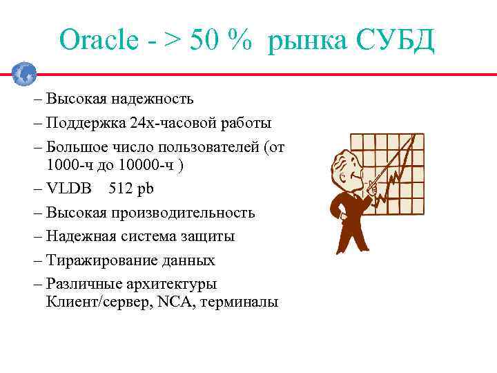 Oracle > 50 % рынка СУБД – Высокая надежность – Поддержка 24 х часовой