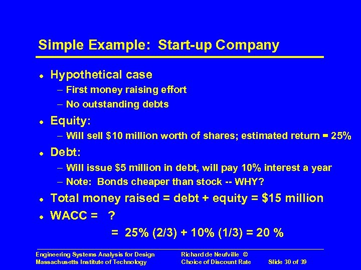 Simple Example: Start-up Company l Hypothetical case – First money raising effort – No
