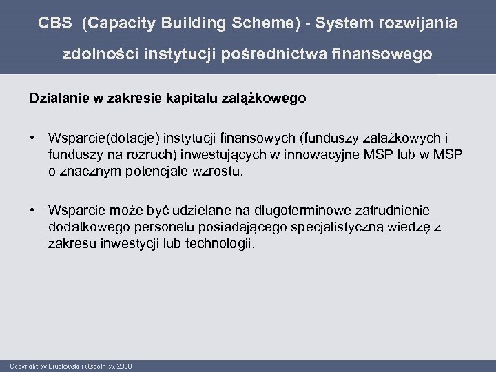 CBS (Capacity Building Scheme) - System rozwijania zdolności instytucji pośrednictwa finansowego Działanie w zakresie
