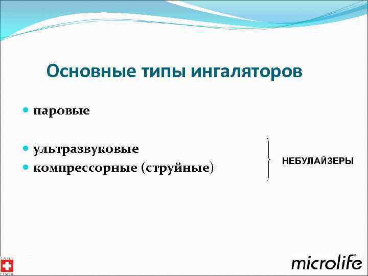Основные типы ингаляторов паровые ультразвуковые компрессорные (струйные) НЕБУЛАЙЗЕРЫ 