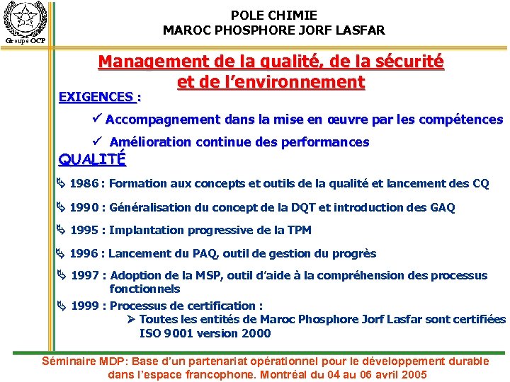 POLE CHIMIE MAROC PHOSPHORE JORF LASFAR Groupe OCP Management de la qualité, de la