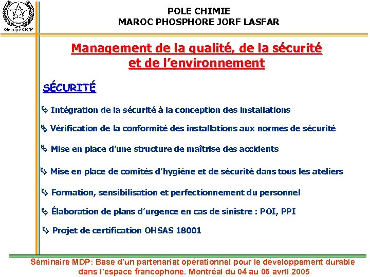 POLE CHIMIE MAROC PHOSPHORE JORF LASFAR Groupe OCP Management de la qualité, de la