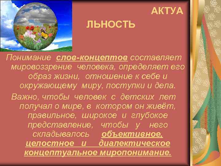 АКТУА ЛЬНОСТЬ Понимание слов-концептов составляет мировоззрение человека, определяет его образ жизни, отношение к себе