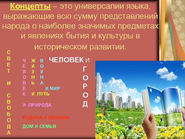 Концепты – это универсалии языка, выражающие всю сумму представлений народа о наиболее значимых предметах