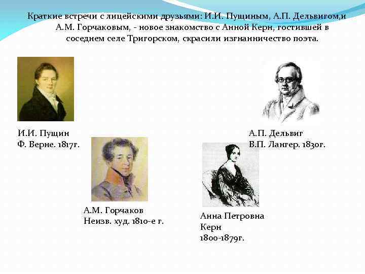 Краткие встречи с лицейскими друзьями: И. И. Пущиным, А. П. Дельвигом, и А. М.