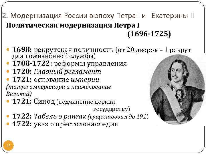 2. Модернизация России в эпоху Петра I и Екатерины II Политическая модернизация Петра I