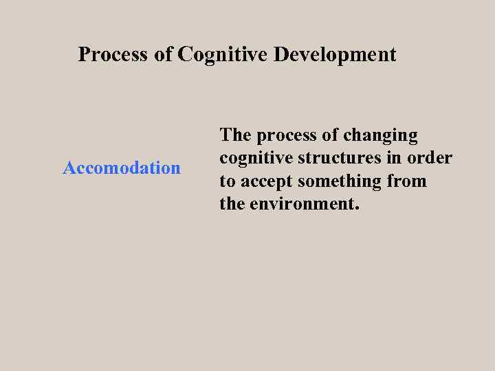 Process of Cognitive Development Accomodation The process of changing cognitive structures in order to