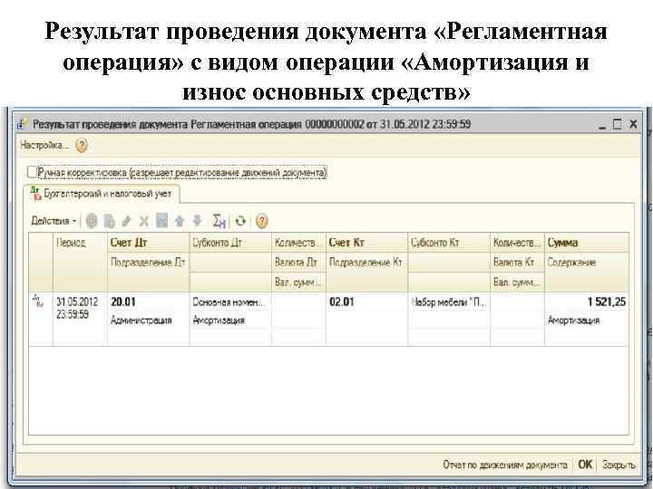 Результат проведения документа «Регламентная операция» с видом операции «Амортизация и износ основных средств» 