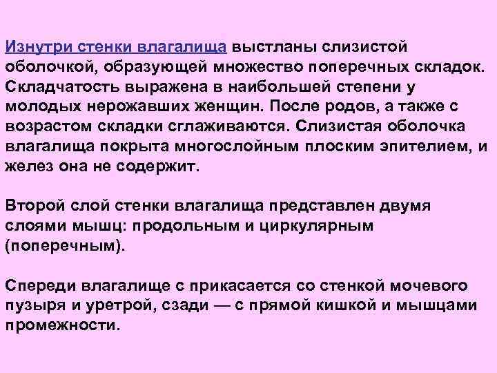 Изнутри стенки влагалища выстланы слизистой оболочкой, образующей множество поперечных складок. Складчатость выражена в наибольшей