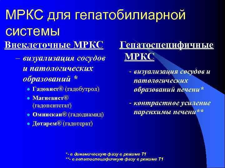 МРКС для гепатобилиарной системы Внеклеточные МРКС – визуализация сосудов и патологических образований * l