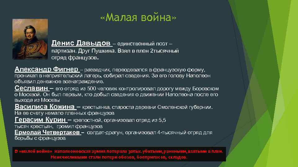  «Малая война» Денис Давыдов – единственный поэт – партизан. Друг Пушкина. Взял в