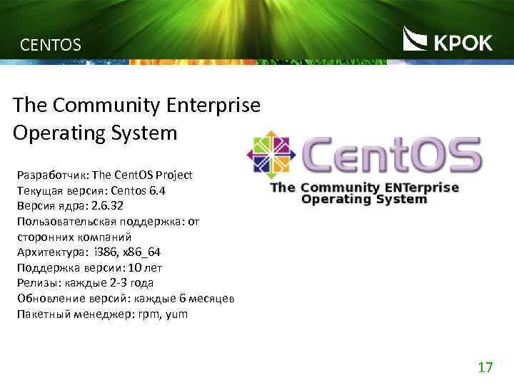 CENTOS The Community Enterprise Operating System Разработчик: The Cent. OS Project Текущая версия: Centos