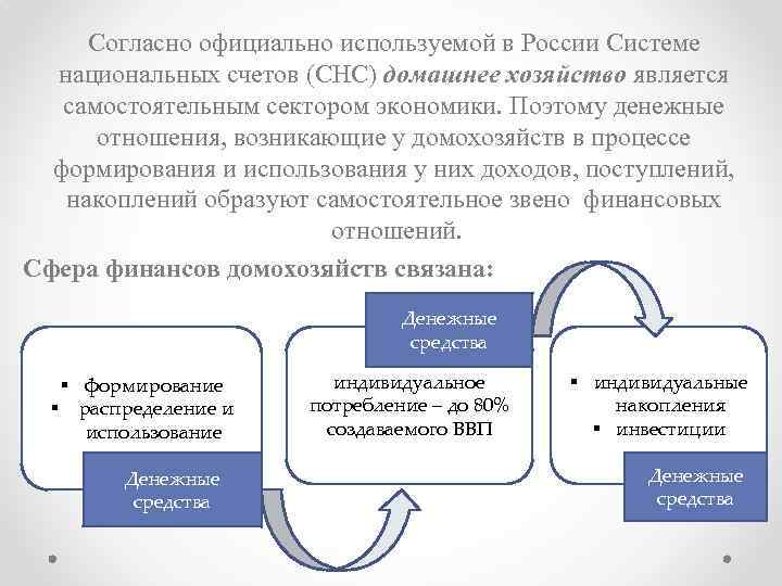 Согласно официально используемой в России Системе национальных счетов (СНС) домашнее хозяйство является самостоятельным сектором