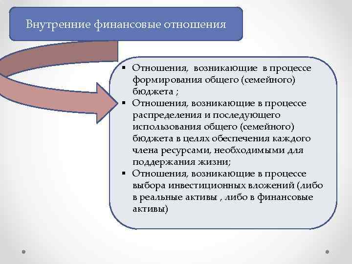 Внутренние финансовые отношения § Отношения, возникающие в процессе формирования общего (семейного) бюджета ; §