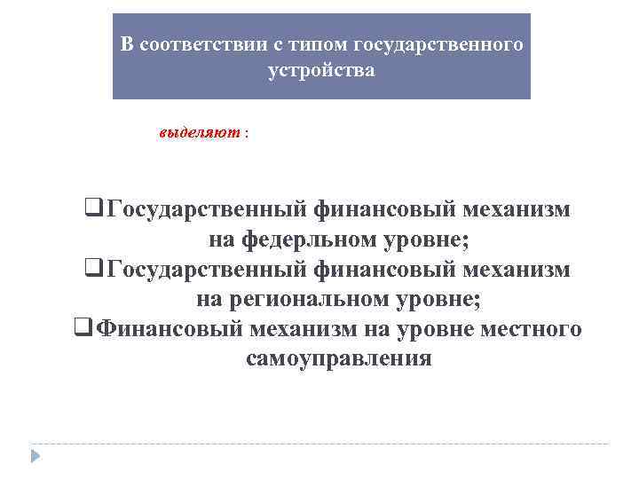 В соответствии с типом государственного устройства выделяют : q Государственный финансовый механизм на федерльном