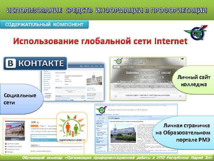 ИСПОЛЬЗОВАНИЕ СРЕДСТВ ИНФОРМАЦИИ В ПРОФОРИЕТАЦИИ СОДЕРЖАТЕЛЬНЫЙ КОМПОНЕНТ Использование глобальной сети Internet Личный сайт колледжа