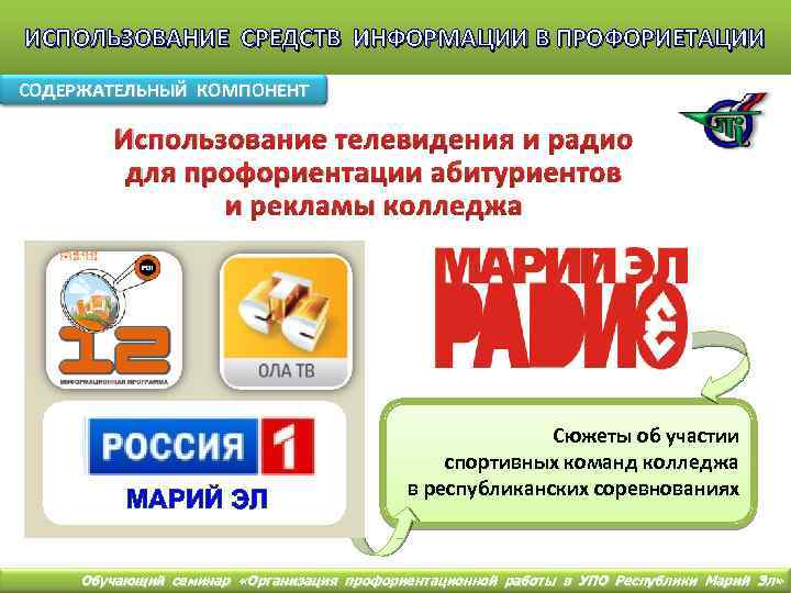 ИСПОЛЬЗОВАНИЕ СРЕДСТВ ИНФОРМАЦИИ В ПРОФОРИЕТАЦИИ СОДЕРЖАТЕЛЬНЫЙ КОМПОНЕНТ Использование телевидения и радио для профориентации абитуриентов