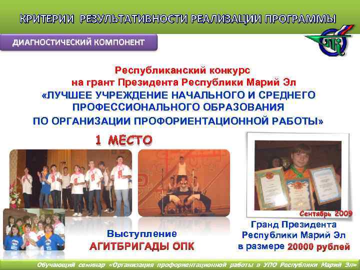 КРИТЕРИИ РЕЗУЛЬТАТИВНОСТИ РЕАЛИЗАЦИИ ПРОГРАММЫ ДИАГНОСТИЧЕСКИЙ КОМПОНЕНТ Республиканский конкурс на грант Президента Республики Марий Эл
