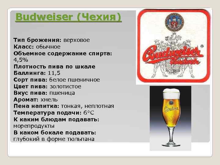 Budweiser (Чехия) Тип брожения: верховое Класс: обычное Объемное содержание спирта: 4, 5% Плотность пива