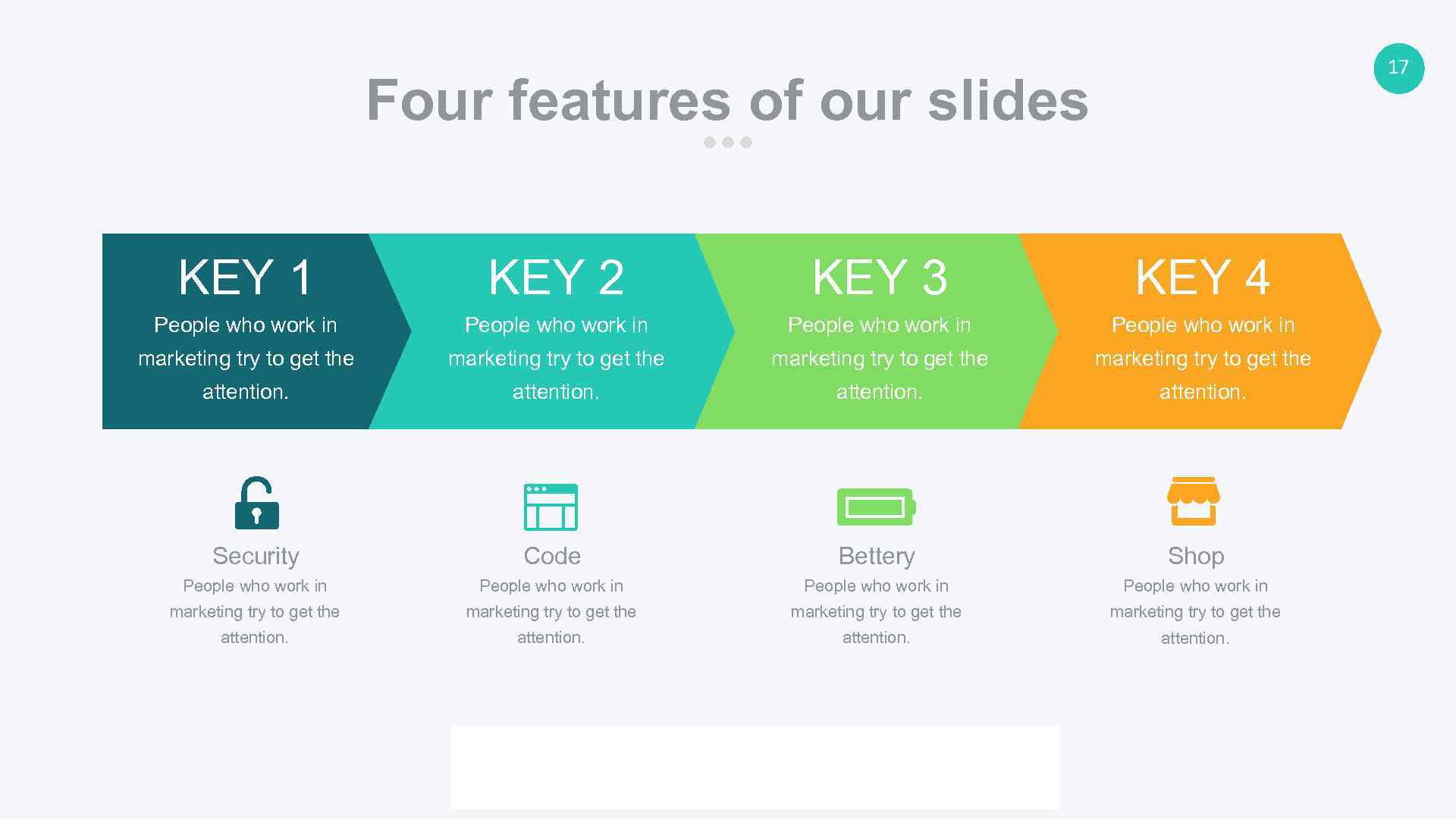 17 Four features of our slides KEY 1 KEY 2 KEY 3 KEY 4