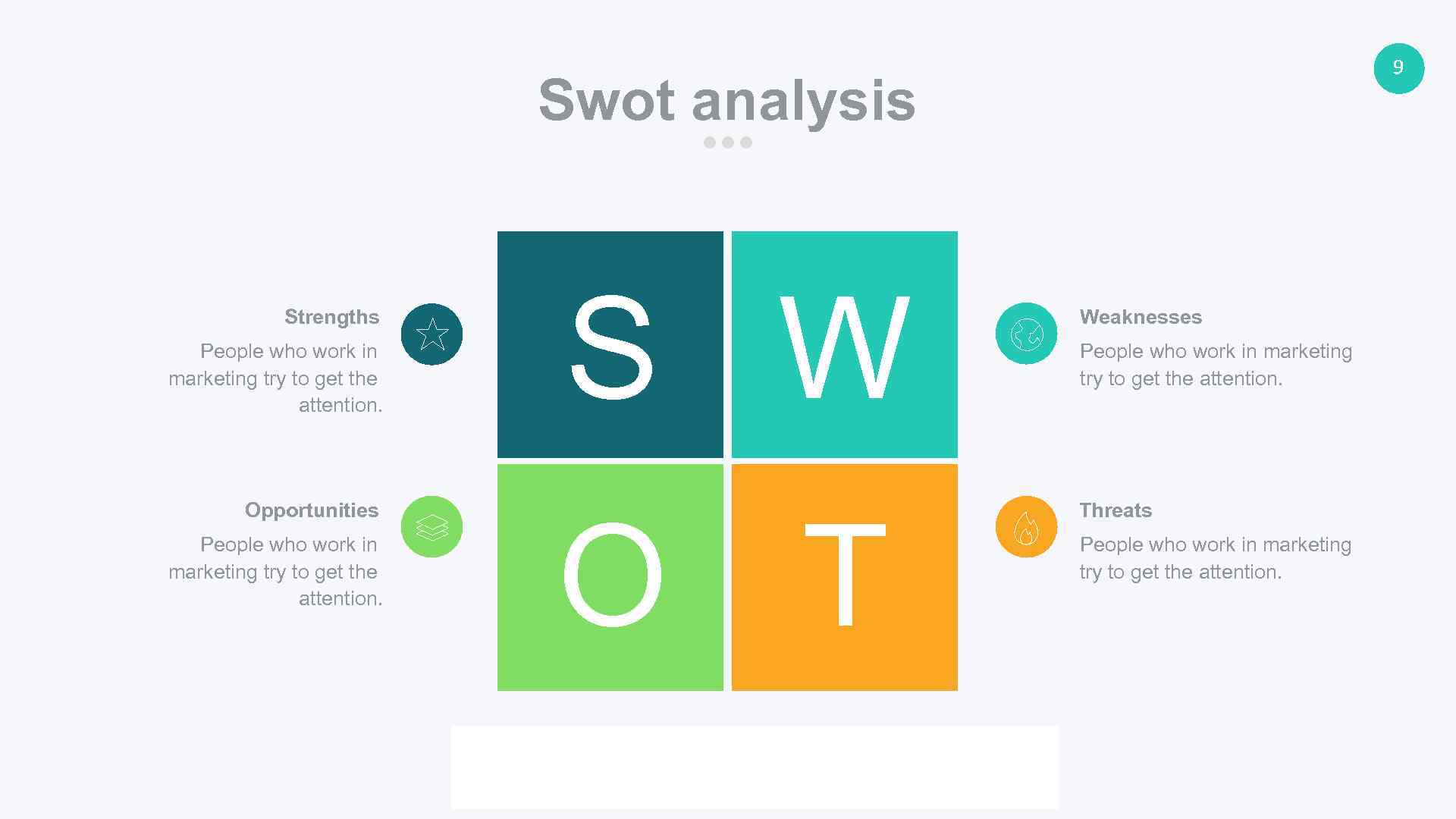 9 Swot analysis Strengths People who work in marketing try to get the attention.