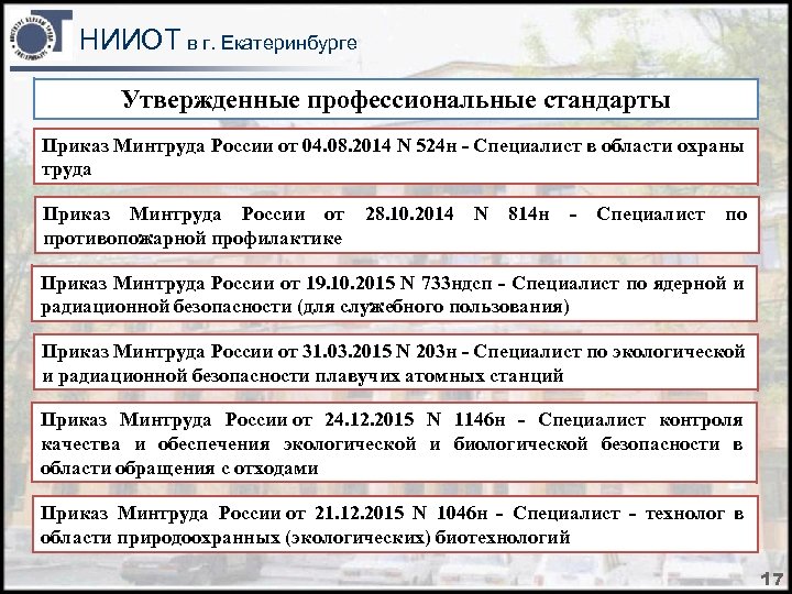 НИИОТ в г. Екатеринбурге Утвержденные профессиональные стандарты Приказ Минтруда России от 04. 08. 2014