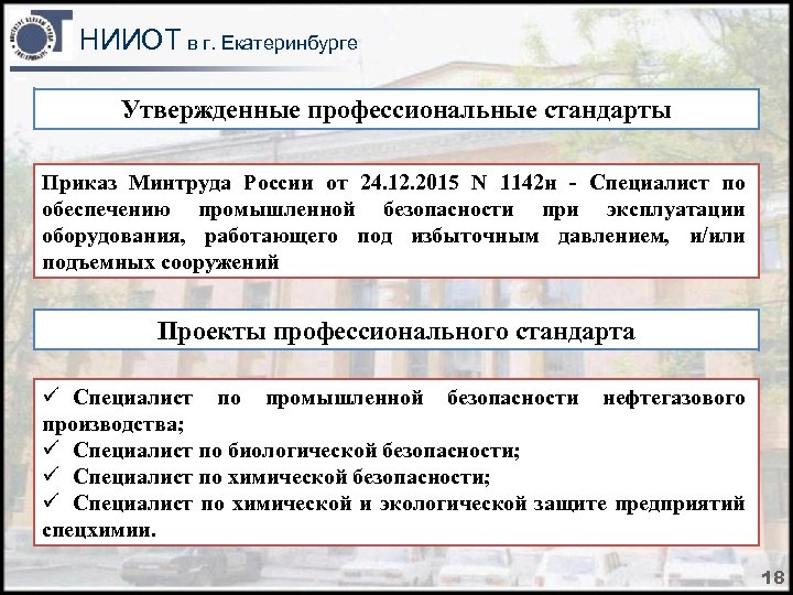 НИИОТ в г. Екатеринбурге Утвержденные профессиональные стандарты Приказ Минтруда России от 24. 12. 2015