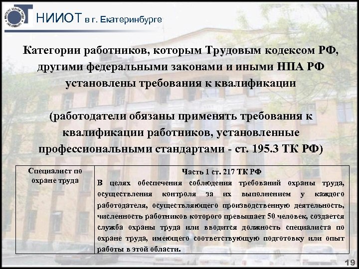 НИИОТ в г. Екатеринбурге Категории работников, которым Трудовым кодексом РФ, другими федеральными законами и