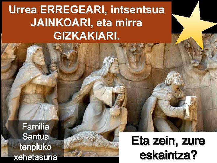 Urrea ERREGEARI, intsentsua JAINKOARI, eta mirra GIZKAKIARI. Familia Santua tenpluko xehetasuna Eta zein, zure