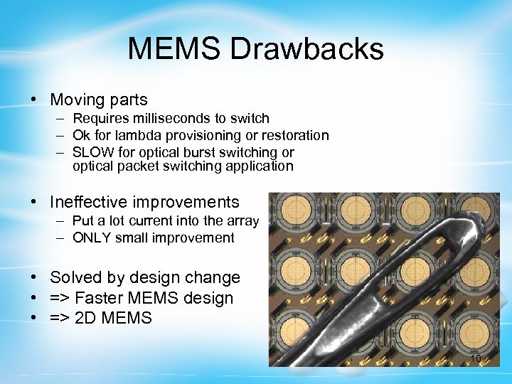 MEMS Drawbacks • Moving parts – Requires milliseconds to switch – Ok for lambda