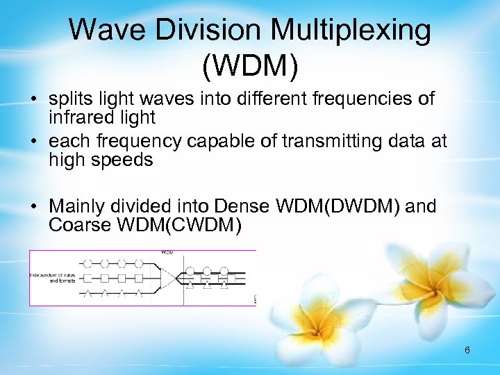 Wave Division Multiplexing (WDM) • splits light waves into different frequencies of infrared light