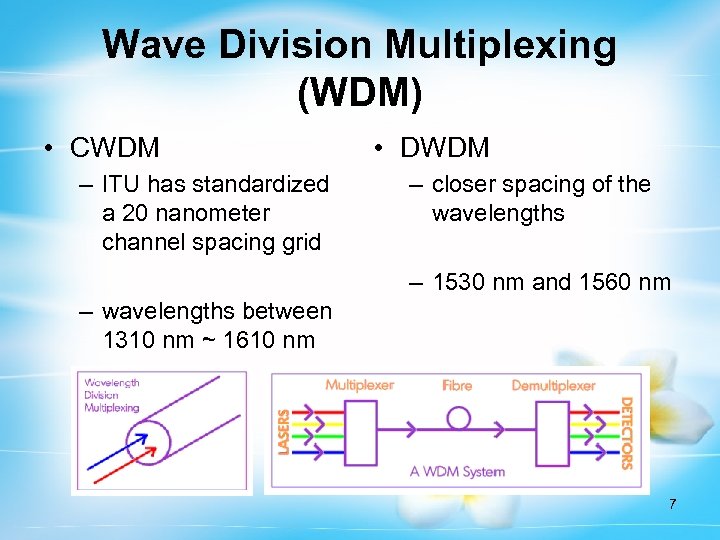 Wave Division Multiplexing (WDM) • CWDM – ITU has standardized a 20 nanometer channel