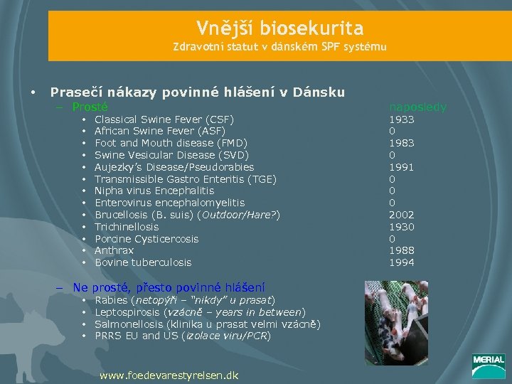 Vnější biosekurita Zdravotní statut v dánském SPF systému • Prasečí nákazy povinné hlášení v