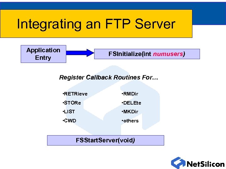 Integrating an FTP Server Application Entry FSInitialize(int numusers) Register Callback Routines For… • RETRieve