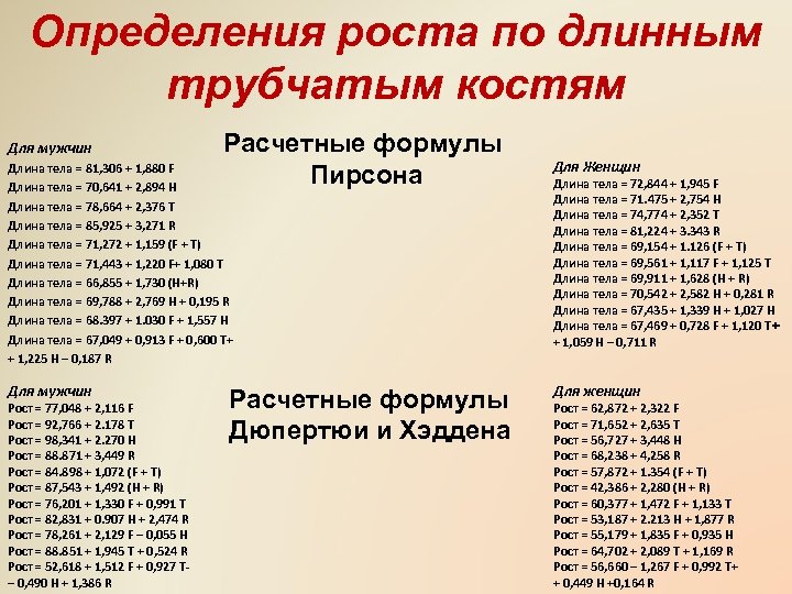 Определения роста по длинным трубчатым костям Для мужчин Расчетные формулы Пирсона Длина тела =