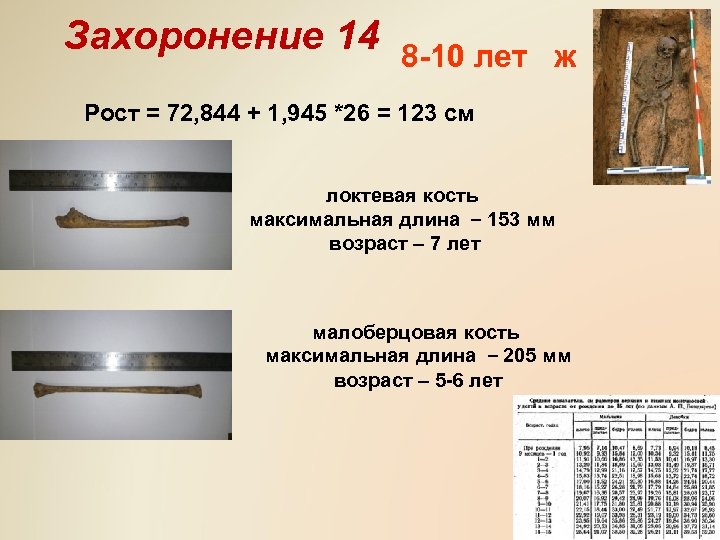 Захоронение 14 8 -10 лет ж Рост = 72, 844 + 1, 945 *26