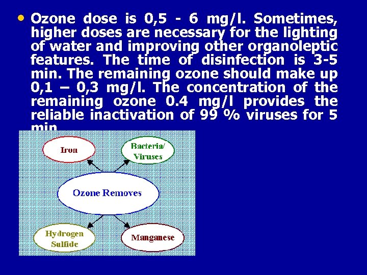  • Ozone dose is 0, 5 - 6 mg/l. Sometimes, higher doses are