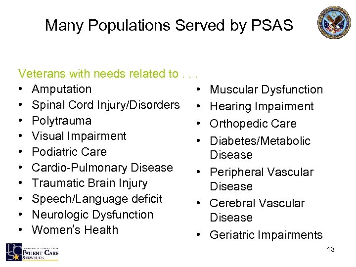 Many Populations Served by PSAS Veterans with needs related to. . . • Amputation
