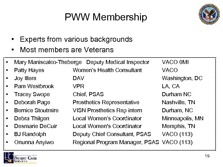 PWW Membership • Experts from various backgrounds • Most members are Veterans • •