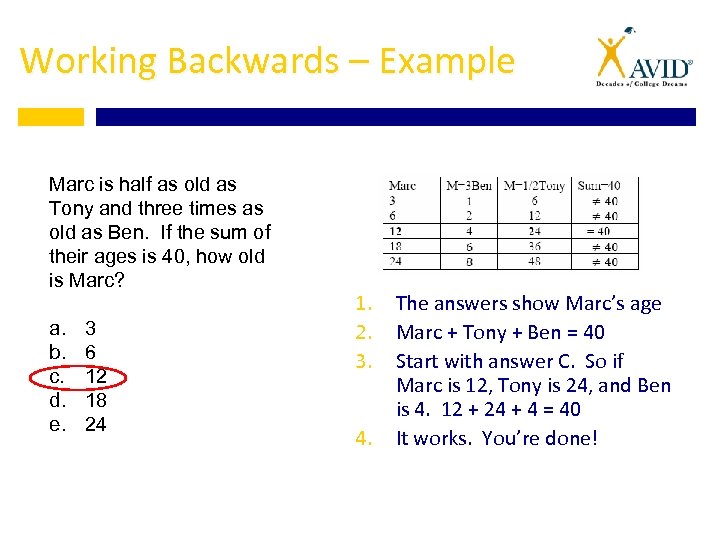 Working Backwards – Example Marc is half as old as Tony and three times