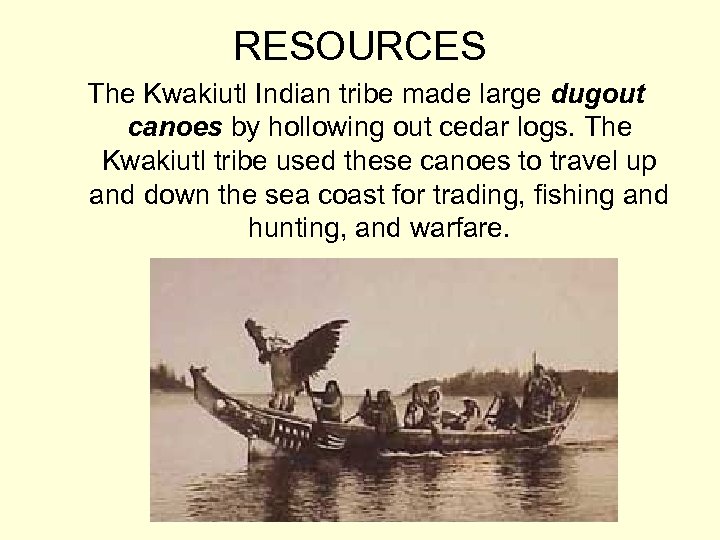 RESOURCES The Kwakiutl Indian tribe made large dugout canoes by hollowing out cedar logs.