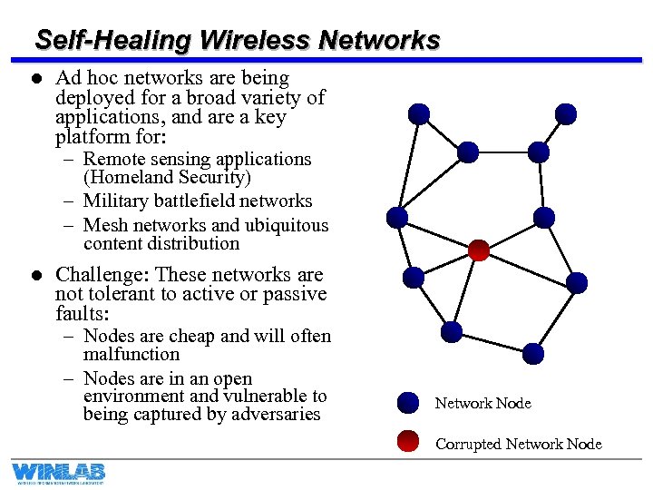 Self-Healing Wireless Networks l Ad hoc networks are being deployed for a broad variety